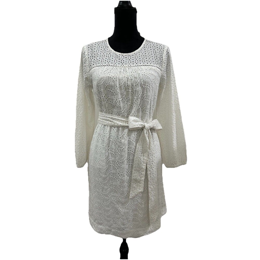 Gap Womens PS Dress White Eyelet Long Sleeve Round Neck Tie Belt 100 Cotton